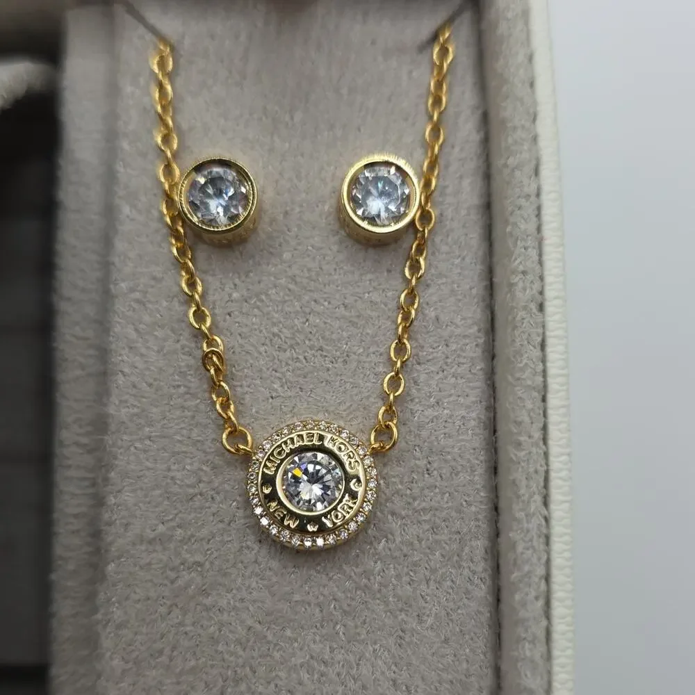 Michael Kors Lauryn Stainless Steel Quartz Watch Earrings and Necklace Gift Set